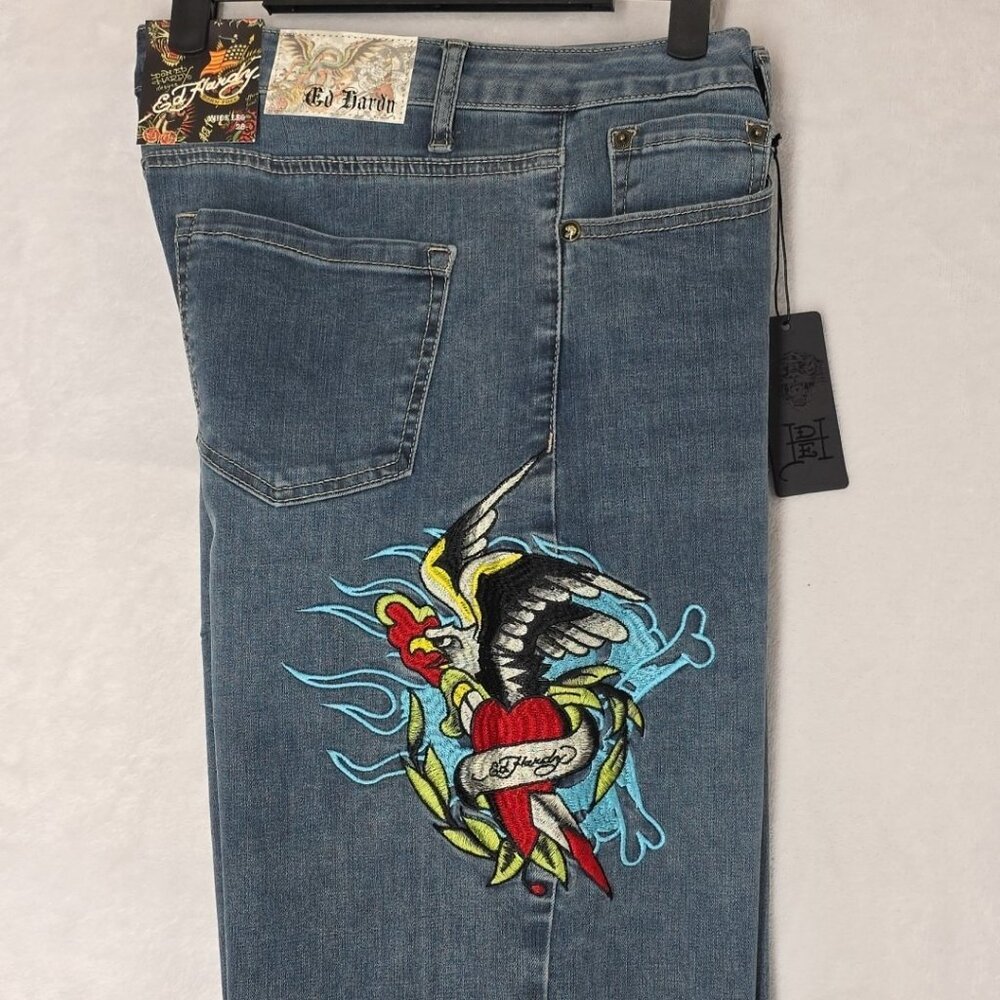 Ed Hardy Jeans Womens Size 28 Blue Y2K Wide Leg Baggy Embroidered Logo Denim NWT
